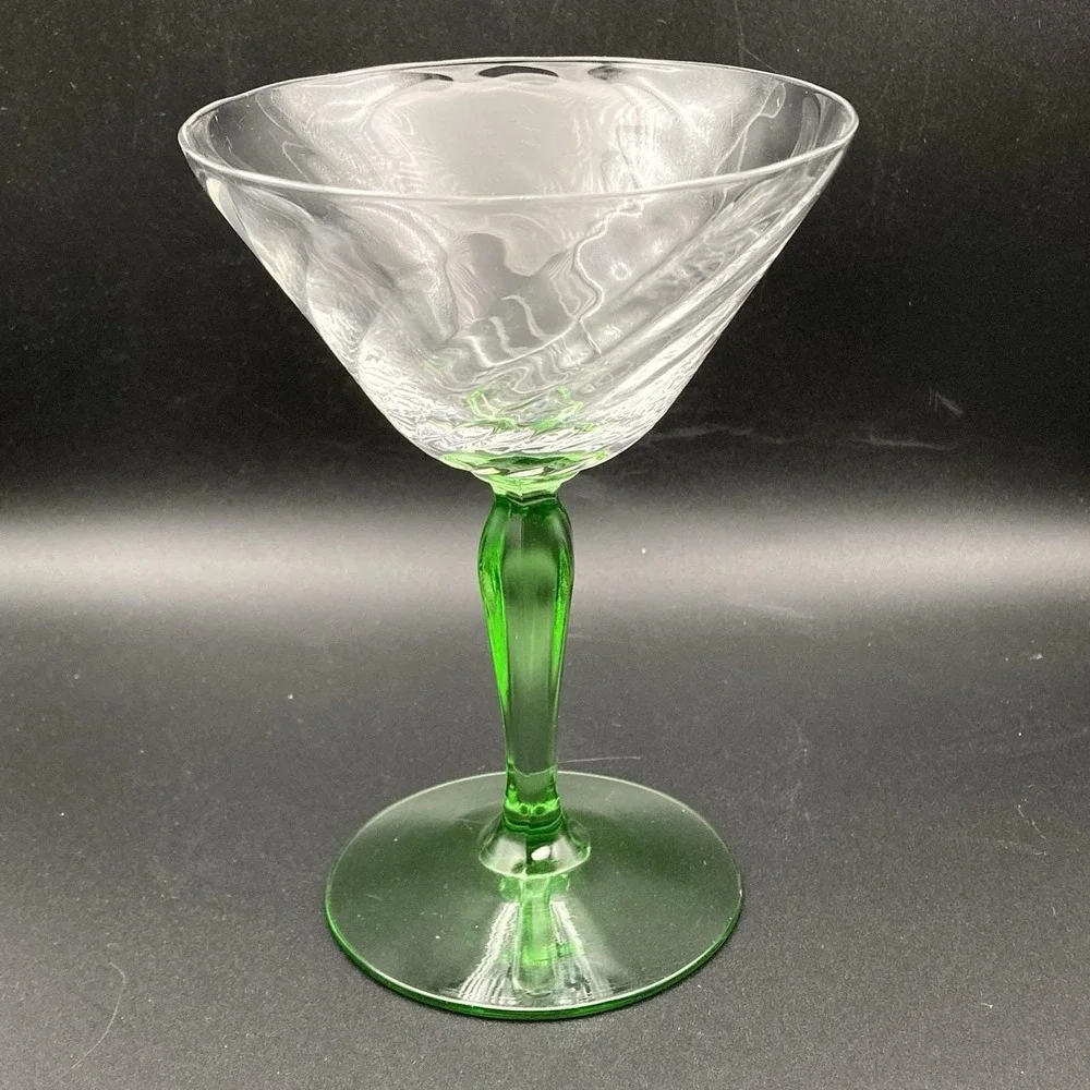 1 - Fostoria Green Stem Optic Swirl Cocktail Glass / Uranium 1940s / UV Glow
